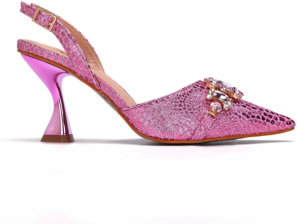 Women’S Embroidery Shoes and Bag Set Pointed Toe Super High Heel Slingbacks for Wedding