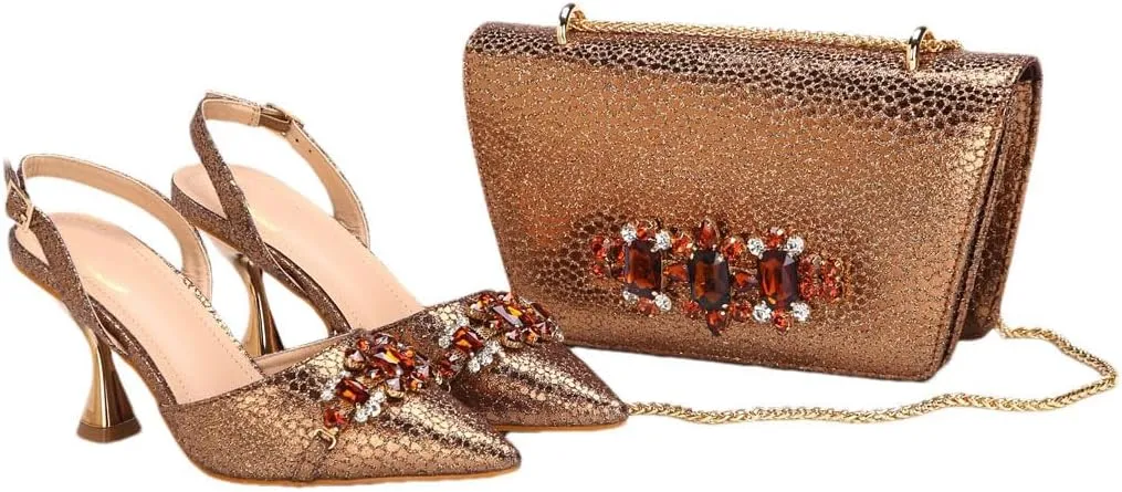 Women’S Embroidery Shoes and Bag Set Pointed Toe Super High Heel Slingbacks for Wedding