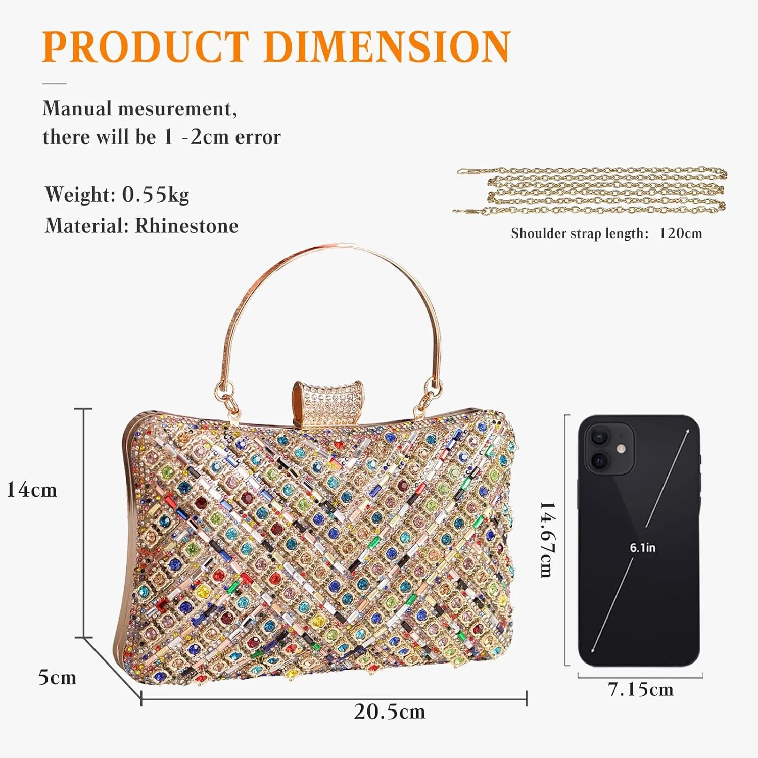 Women's Evening Bag Rhinestone Clutch Bag Bridal Wedding Purse Bling Crystal Shoulder Bag with Detachable Chain