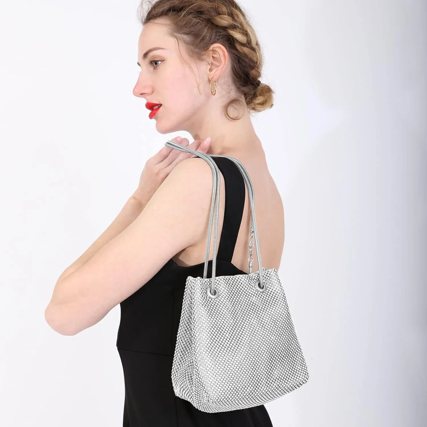 Women's Evening Bag- Upgraded Size Full Rhinestones Bucket Bag Shining Bag Shoulder Bag for Party Wedding Date Night