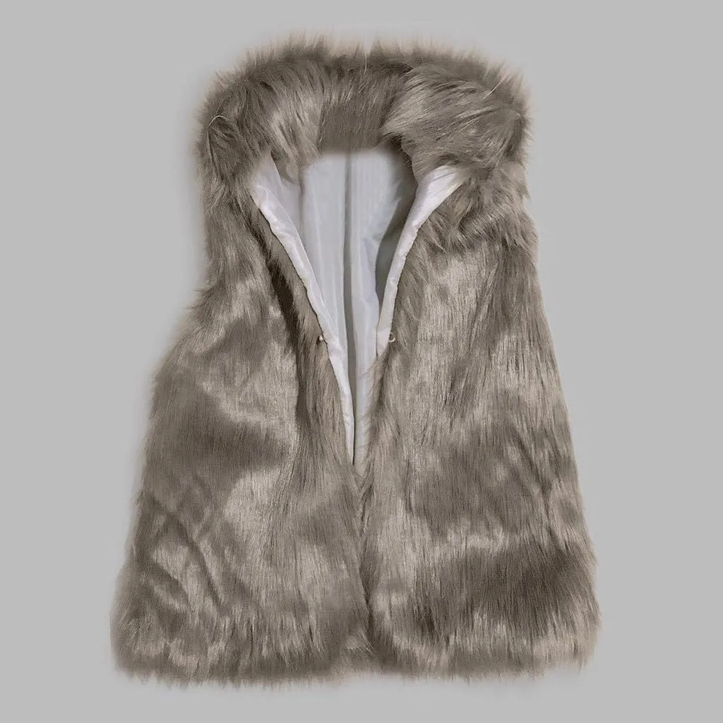 Womens Faux Fur Coat Casual Loose Sleeveless Vest Fuzzy Fleece Lapel Collar Jackets Winter Windproof Outerwear