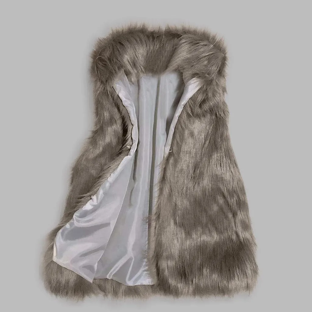 Womens Faux Fur Coat Casual Loose Sleeveless Vest Fuzzy Fleece Lapel Collar Jackets Winter Windproof Outerwear