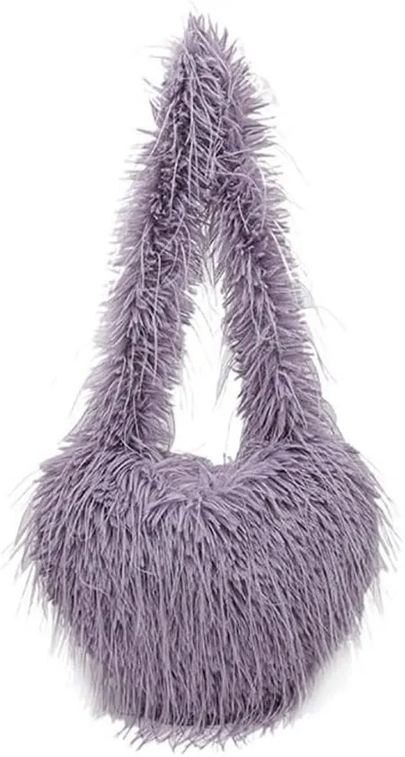 Women's Faux Fur Heart Shaped Shoulder Bag Winter Fluffy Furry Plush Purse Large Tote Handbag