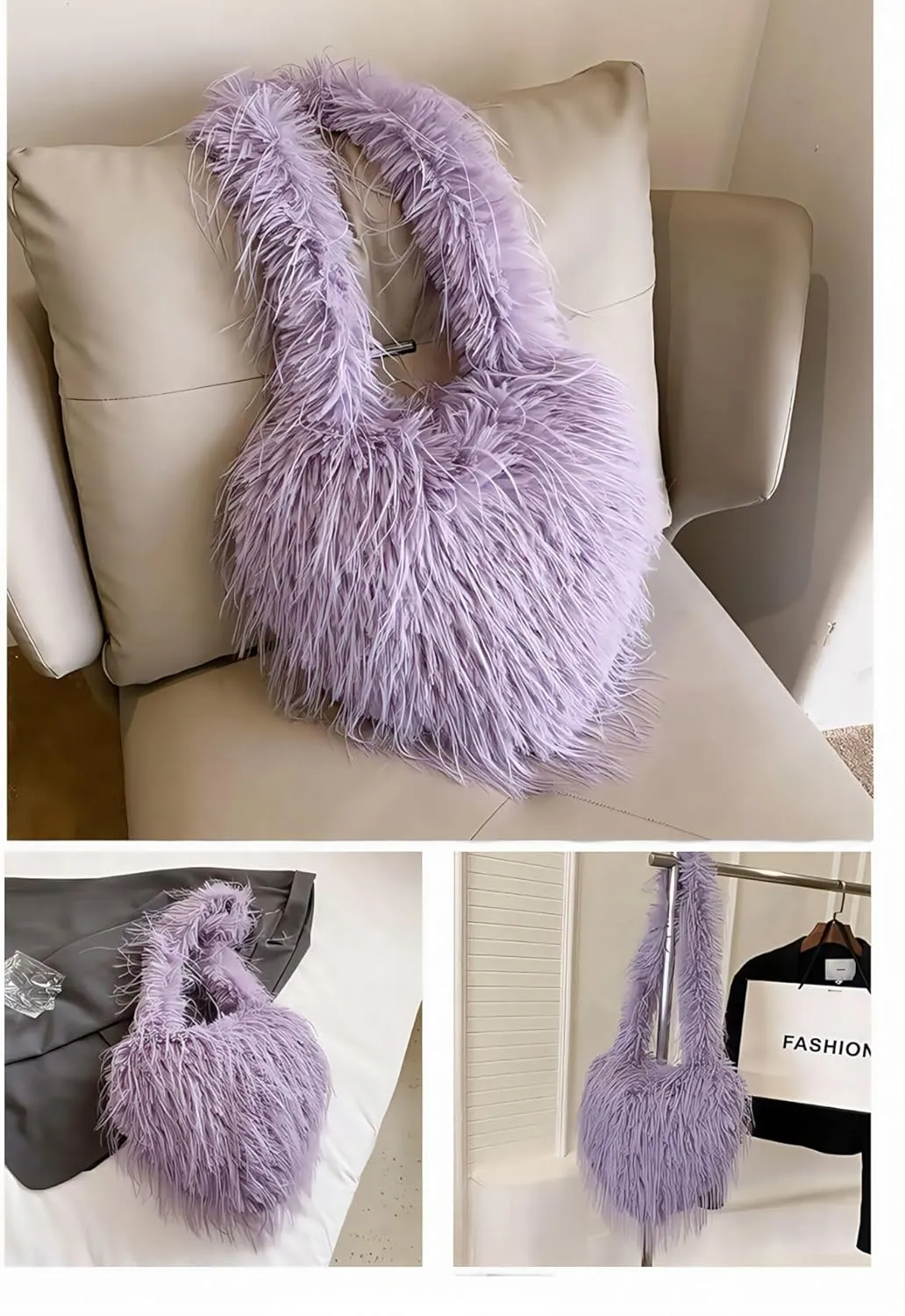 Women's Faux Fur Heart Shaped Shoulder Bag Winter Fluffy Furry Plush Purse Large Tote Handbag