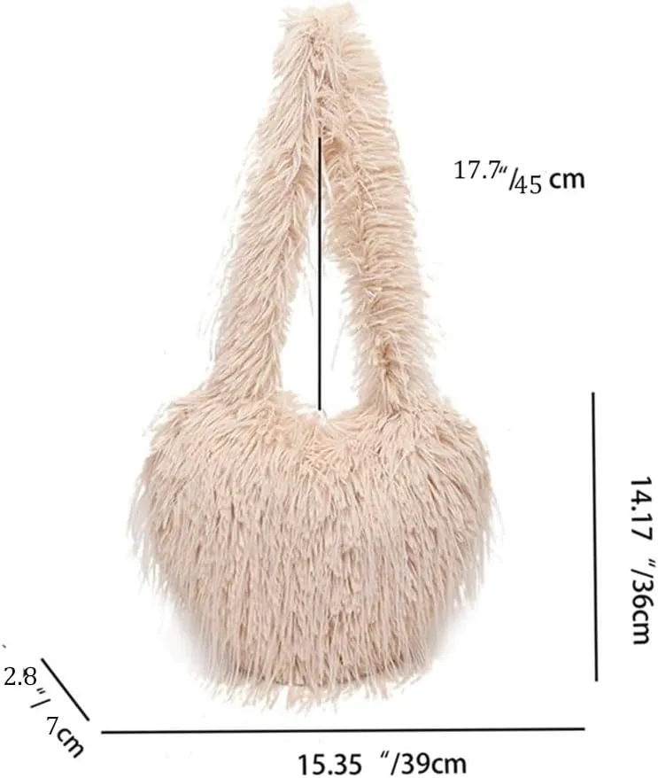 Women's Faux Fur Heart Shaped Shoulder Bag Winter Fluffy Furry Plush Purse Large Tote Handbag