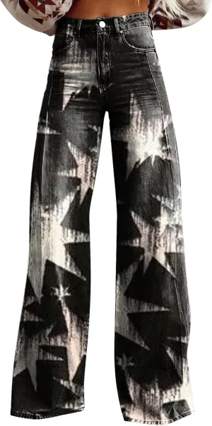 Women's Flare Wide Leg Jeans High Waisted Casual Denim Vintage Floral Print Pants Casual Colorful Baggy Trouser