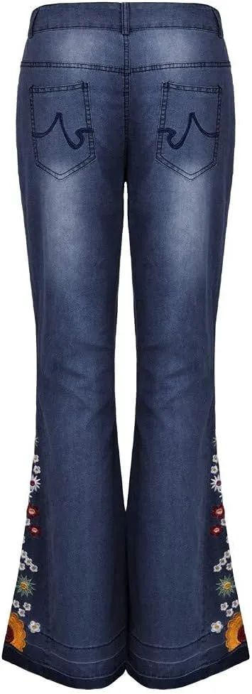 Womens Flared Jeans High Waisted Bell Bottom Jeans 70s Retro Jeans Lightweight Denim Pants Embroidered Bootcut Jeans