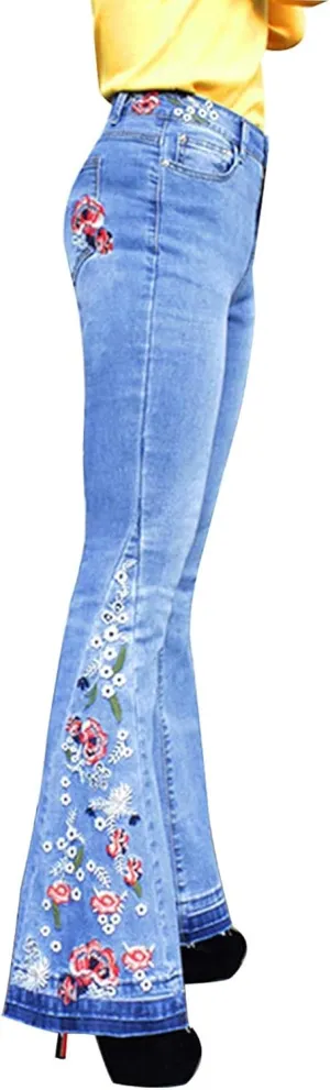 Womens Flared Jeans High Waisted Bell Bottom Jeans 70s Retro Jeans Lightweight Denim Pants Embroidered Bootcut Jeans