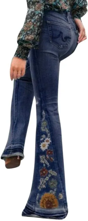Womens Flared Jeans High Waisted Bell Bottom Jeans 70s Retro Jeans Lightweight Denim Pants Embroidered Bootcut Jeans