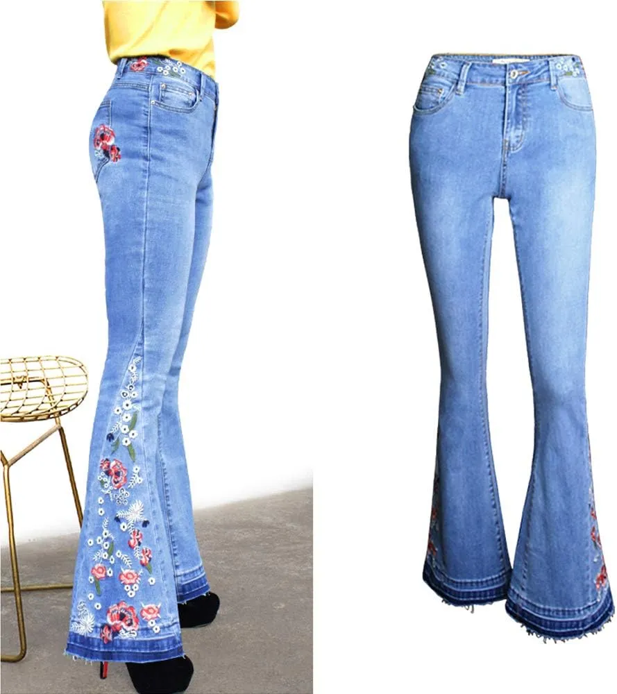 Womens Flared Jeans High Waisted Bell Bottom Jeans 70s Retro Jeans Lightweight Denim Pants Embroidered Bootcut Jeans