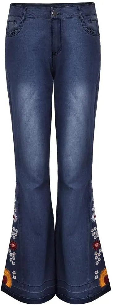 Womens Flared Jeans High Waisted Bell Bottom Jeans 70s Retro Jeans Lightweight Denim Pants Embroidered Bootcut Jeans