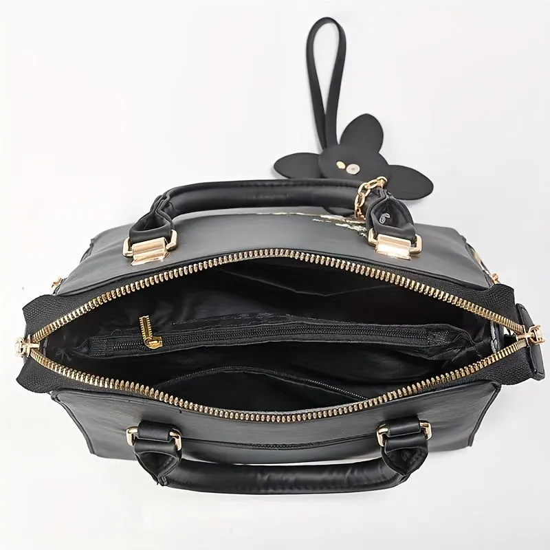 Women's Floral Embroidered Handbag Set with Clutch