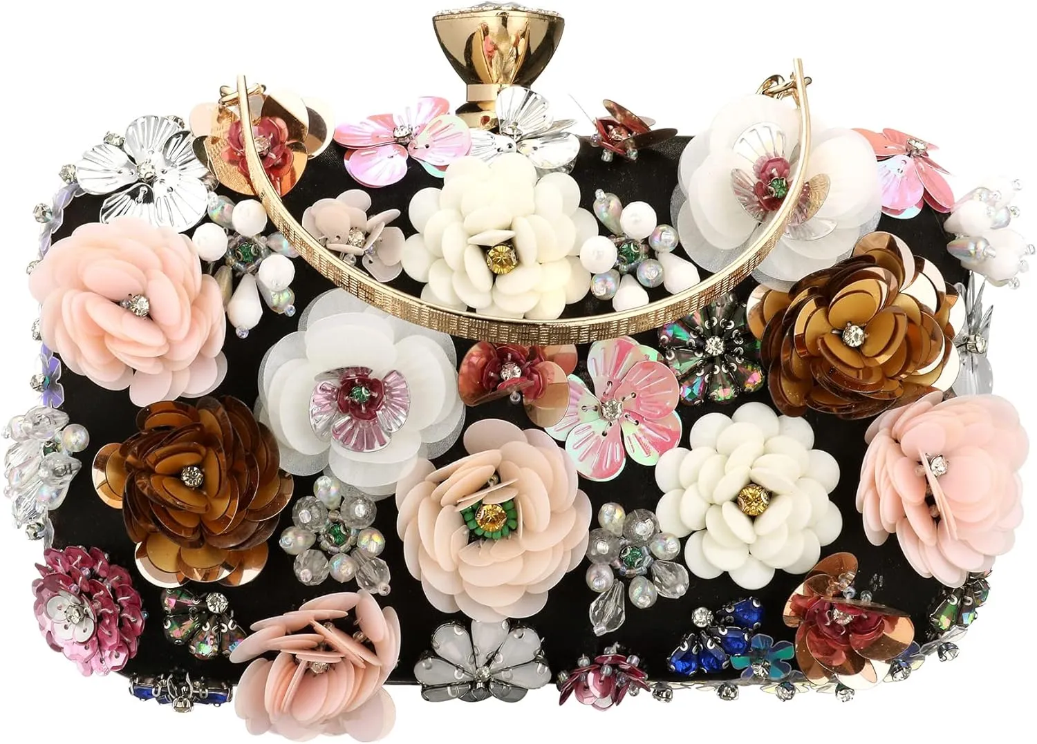 Women's Floral Evening Clutch Bag - Colorful Flower Handbag with Metal Rhinestones