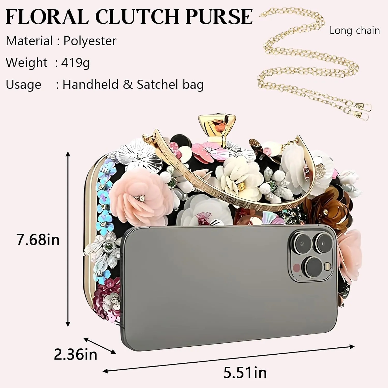 Women's Floral Evening Clutch Bag - Colorful Flower Handbag with Metal Rhinestones