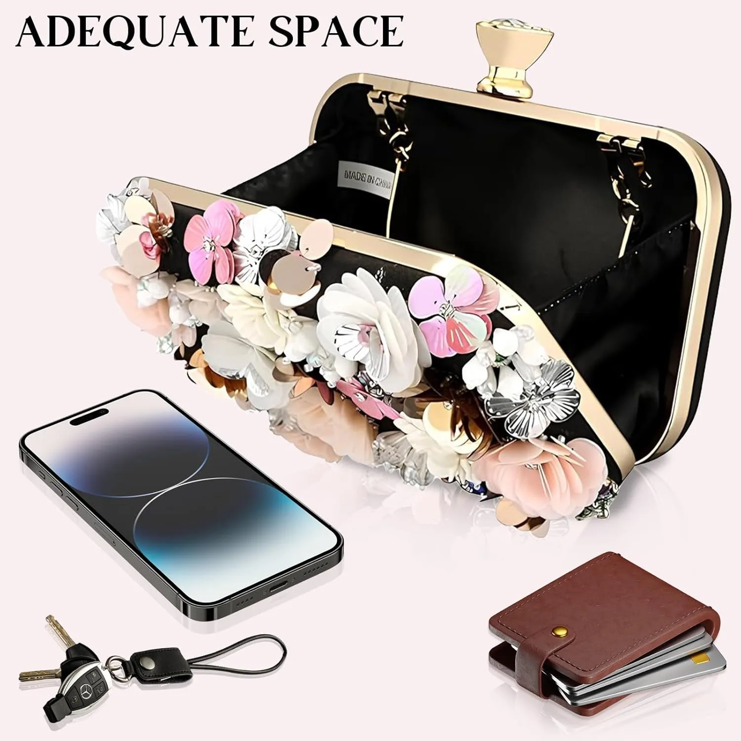 Women's Floral Evening Clutch Bag - Colorful Flower Handbag with Metal Rhinestones