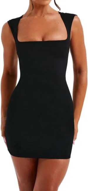 Women's Flowy Mini Dress Solid Color Square Neck Sleeveless Dress
