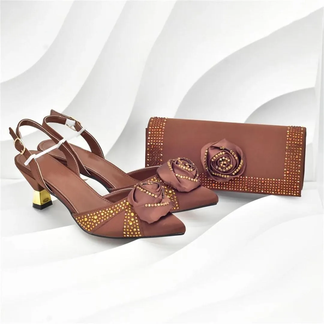 Women’S Handmade Flowers Shoes and Bag Set Elegant High Heels Slingbacks Pumps with Matching Handbag