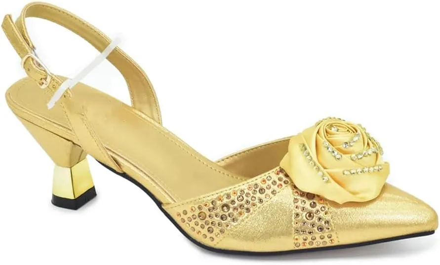 Women’S Handmade Flowers Shoes and Bags Set for Party Wedding Spike Heels Slingbacks Pumps with Matching Clutch