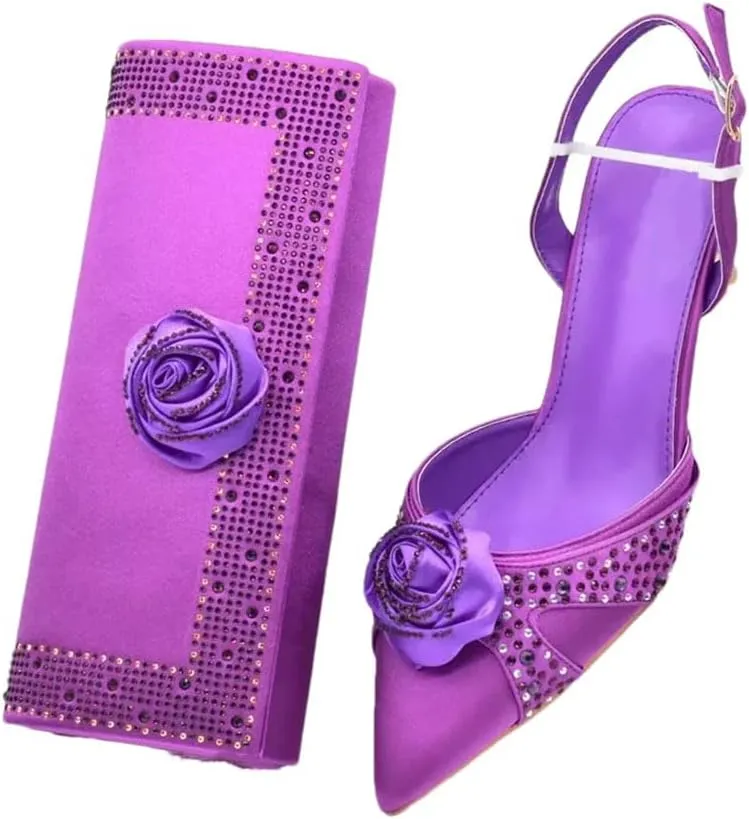 Women’S Handmade Flowers Shoes and Bags Set for Party Wedding Spike Heels Slingbacks Pumps with Matching Clutch