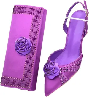 Women’S Handmade Flowers Shoes and Bags Set for Party Wedding Spike Heels Slingbacks Pumps with Matching Clutch