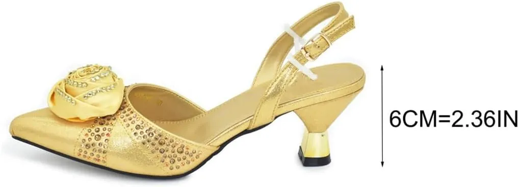 Women’S Handmade Flowers Shoes and Bags Set for Party Wedding Spike Heels Slingbacks Pumps with Matching Clutch