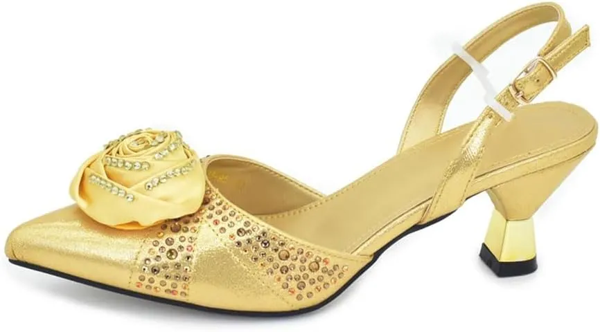 Women’S Handmade Flowers Shoes and Bags Set for Party Wedding Spike Heels Slingbacks Pumps with Matching Clutch