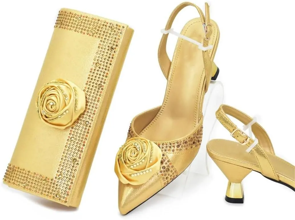 Women’S Handmade Flowers Shoes and Bags Set for Party Wedding Spike Heels Slingbacks Pumps with Matching Clutch