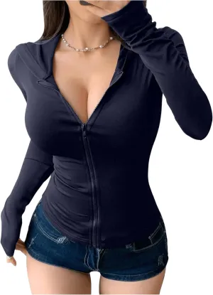 Women's Hooded Zip Up Workout Jacket Athletic Yoga Tops Slim Fit Long Sleeve Lightweight T Shirts