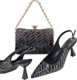 Women’s Italian Inspired Crystal Decorated Wedding Shoes and Shoulder Bag Combo Pointed Toe High Heels for Bride