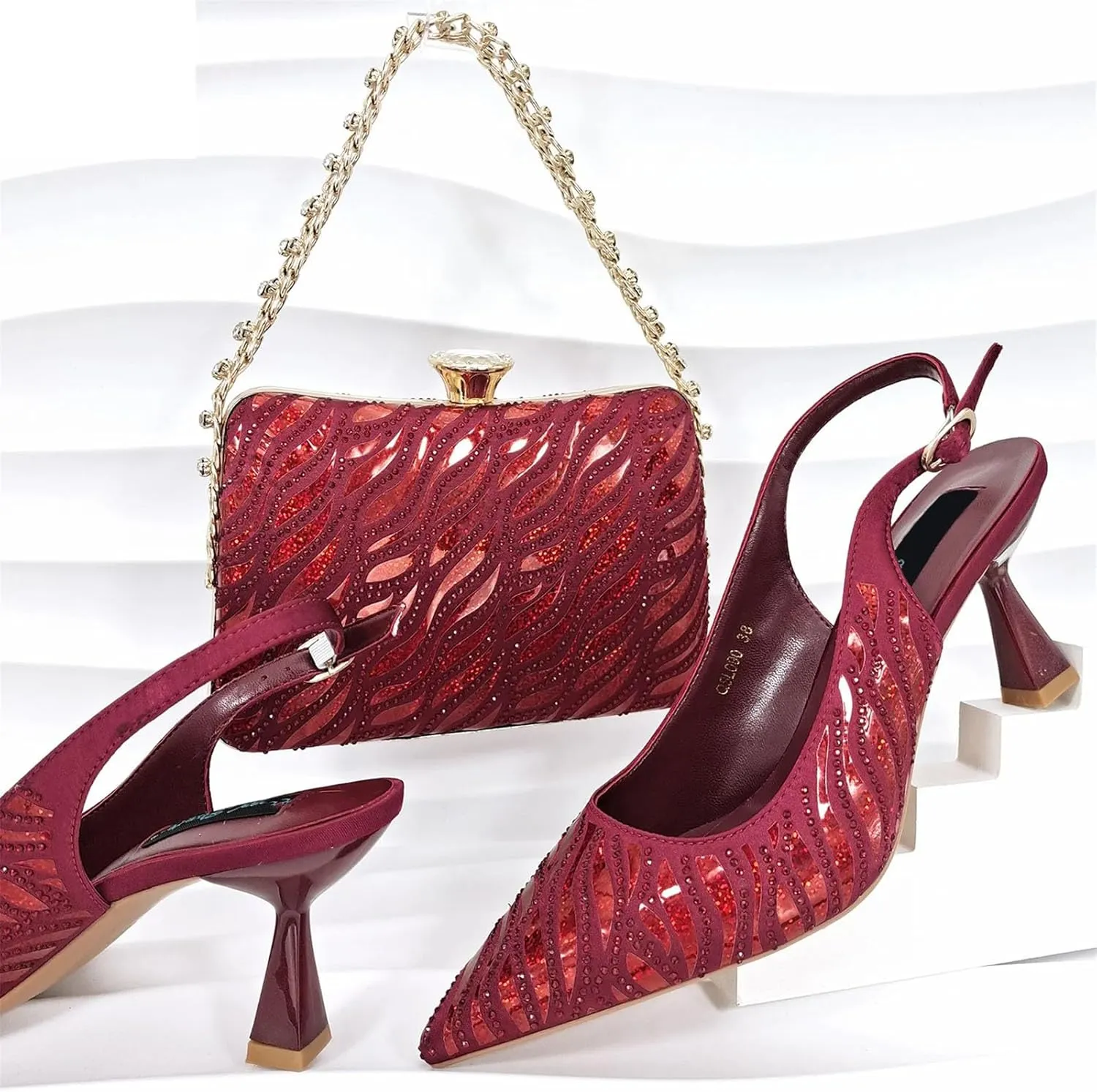 Women’s Italian Inspired Crystal Decorated Wedding Shoes and Shoulder Bag Combo Pointed Toe High Heels for Bride