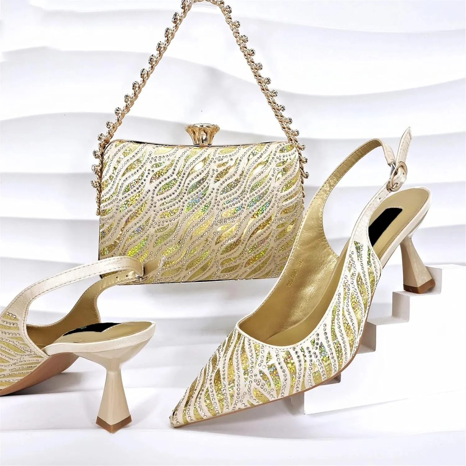 Women’s Italian Inspired Crystal Decorated Wedding Shoes and Shoulder Bag Combo Pointed Toe High Heels for Bride