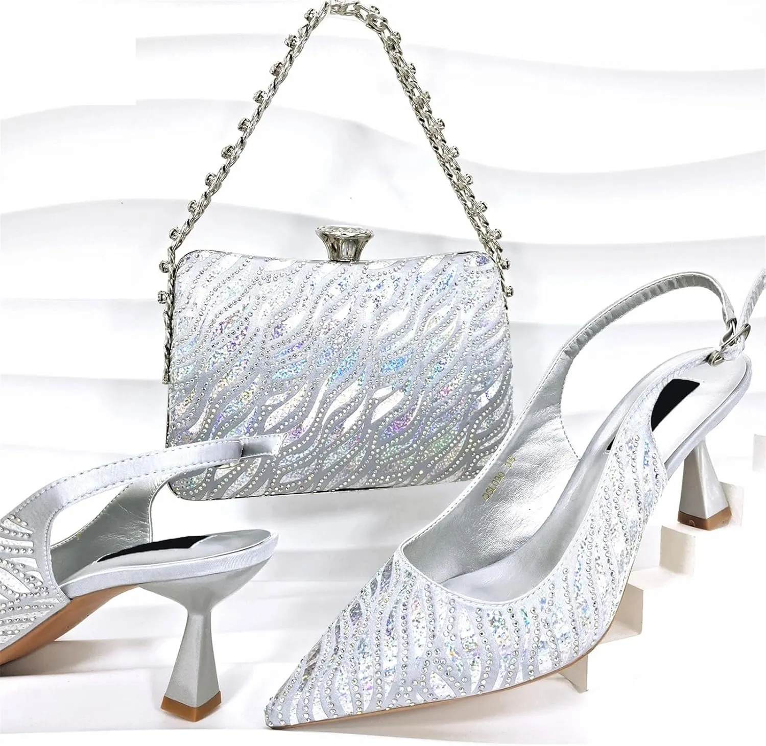 Women’s Italian Inspired Crystal Decorated Wedding Shoes and Shoulder Bag Combo Pointed Toe High Heels for Bride