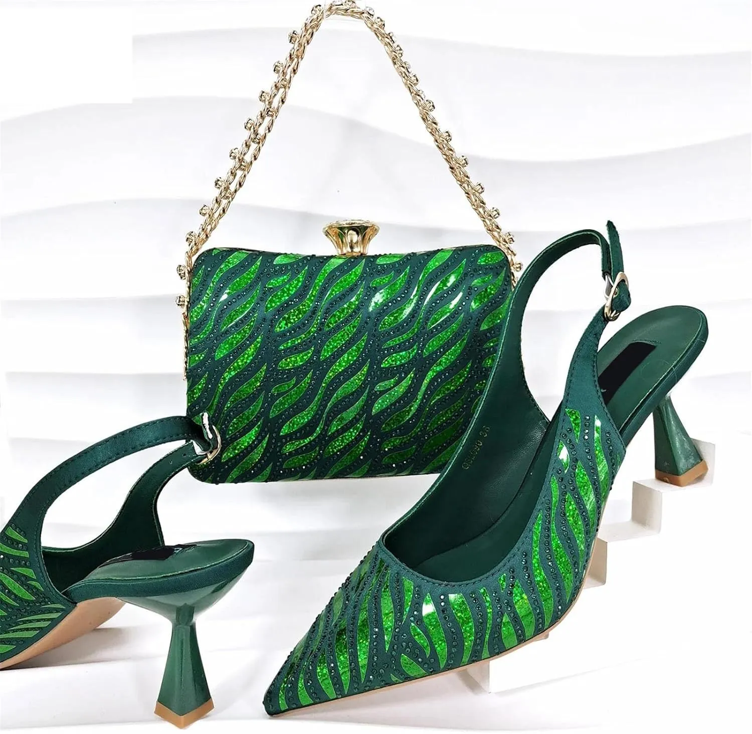 Women’s Italian Inspired Crystal Decorated Wedding Shoes and Shoulder Bag Combo Pointed Toe High Heels for Bride