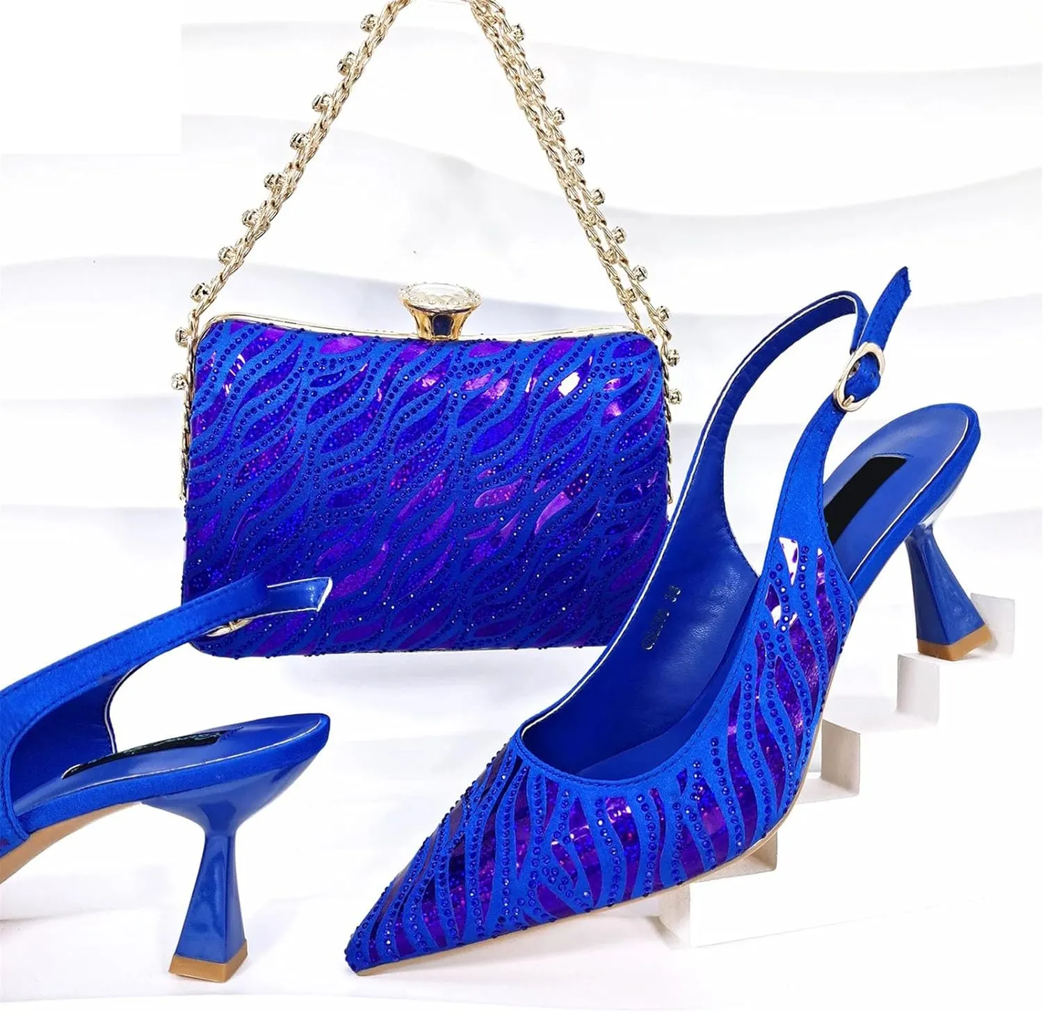 Women’s Italian Inspired Crystal Decorated Wedding Shoes and Shoulder Bag Combo Pointed Toe High Heels for Bride