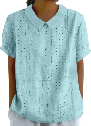 Women's Linen Shirt 2025 Summer Retro Embroidered 3/4 Sleeve Boho Tops Dressy Casual Blouses Teacher Loose Tunics