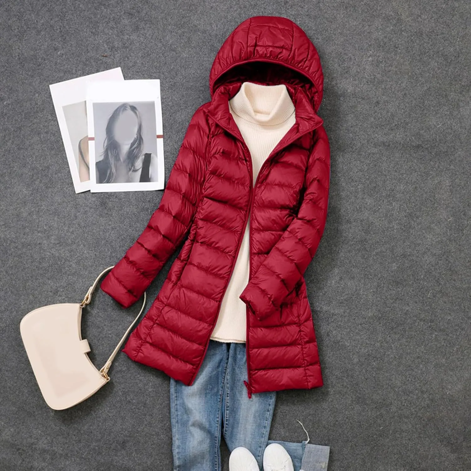 Women's Long Down Coat Packable Puffer Jacket Hooded Winter Ultra Light Quilted Winter Coat with Pocket Outerwear