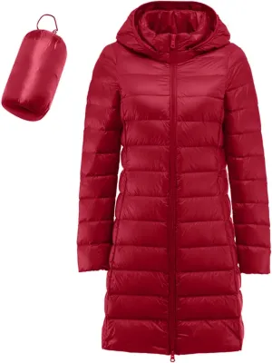 Women's Long Down Coat Packable Puffer Jacket Hooded Winter Ultra Light Quilted Winter Coat with Pocket Outerwear
