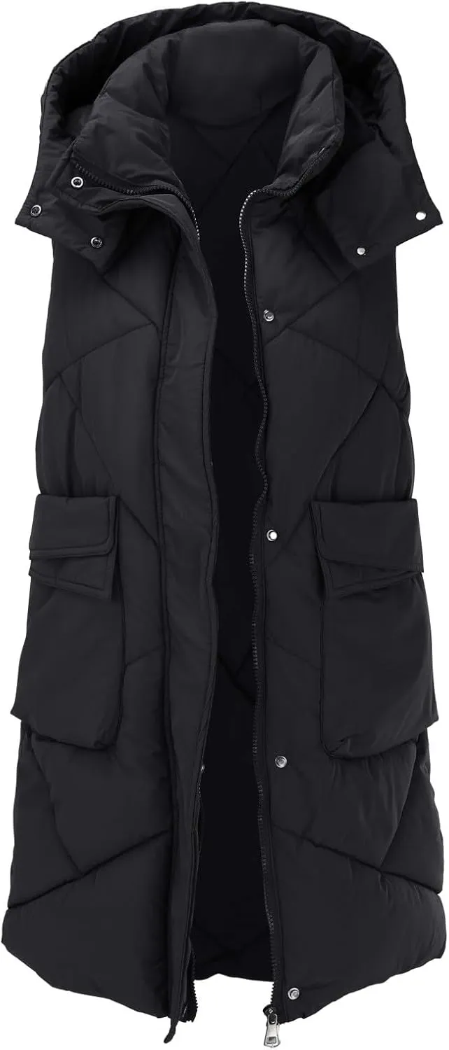 Women's Long Down Vest with Hooded Zipper Quilted Puffer Jacket Plus Size Winter Warm Slim Fit Coats Outdoor Vest