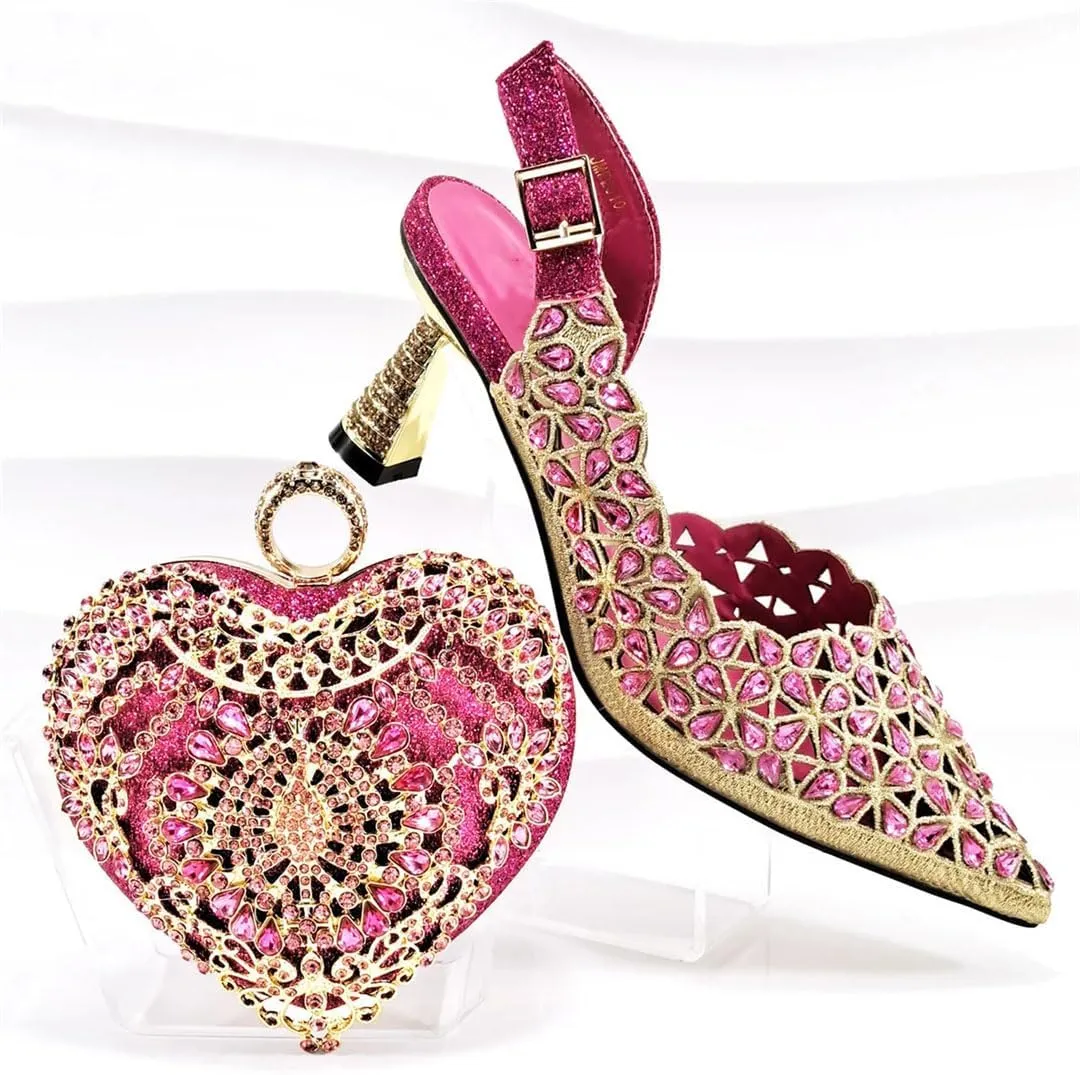 Women’S Mature Style Shoes and Bag Set for Wedding Pointed Toe High Heels Slingbacks Pumps with Small Bag