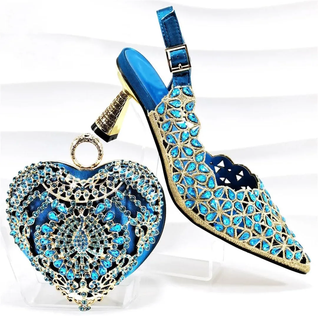 Women’S Mature Style Shoes and Bag Set for Wedding Pointed Toe High Heels Slingbacks Pumps with Small Bag