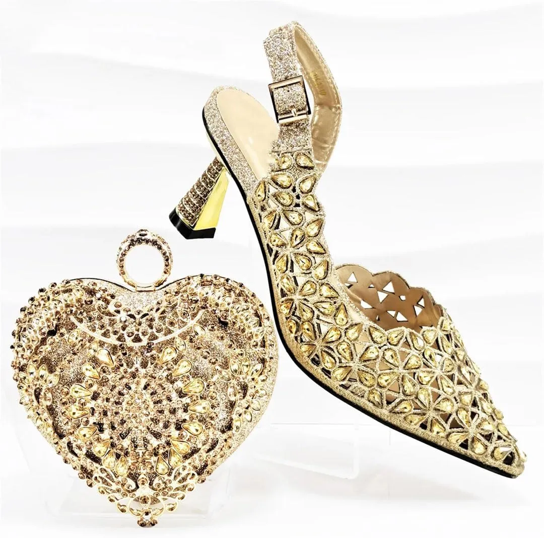 Women’S Mature Style Shoes and Bag Set for Wedding Pointed Toe High Heels Slingbacks Pumps with Small Bag