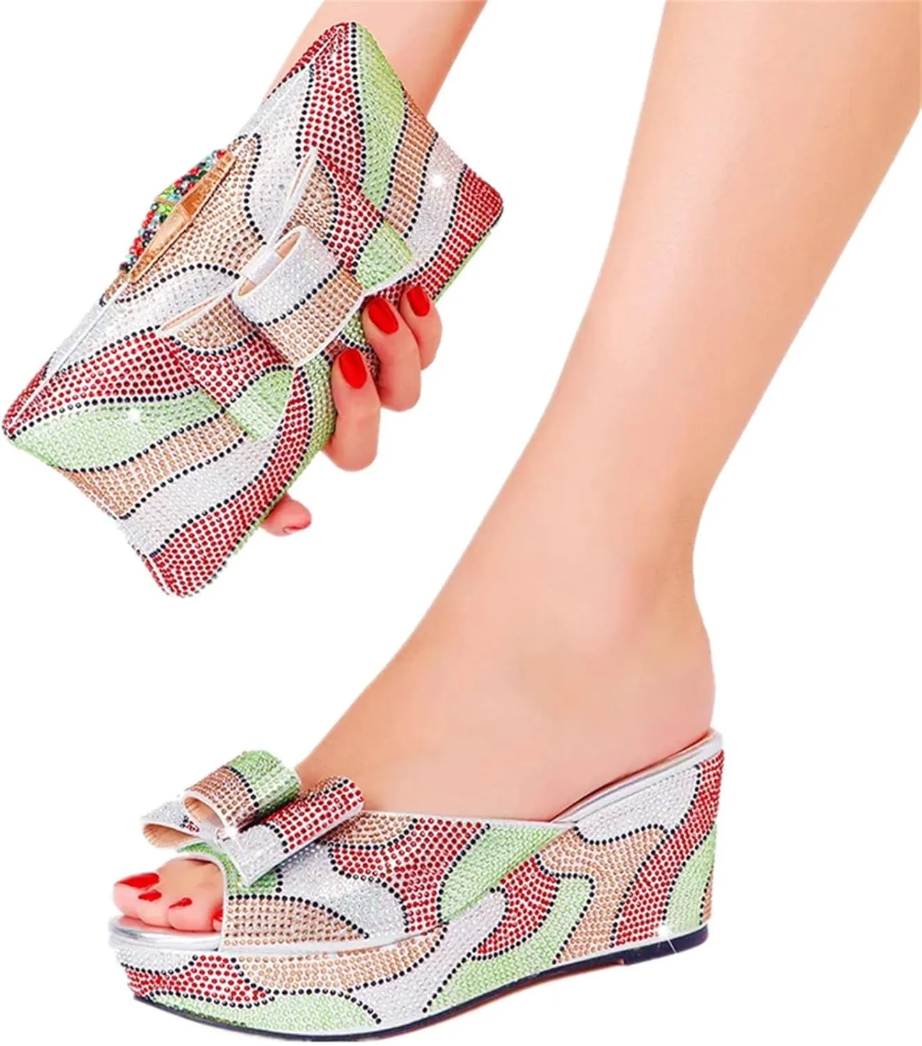 Womens Nigeria Shoes and Bags Set Crystal Wedge Heels Slippers for Birthday Prom Travel Wedding Rhinestone Clutch