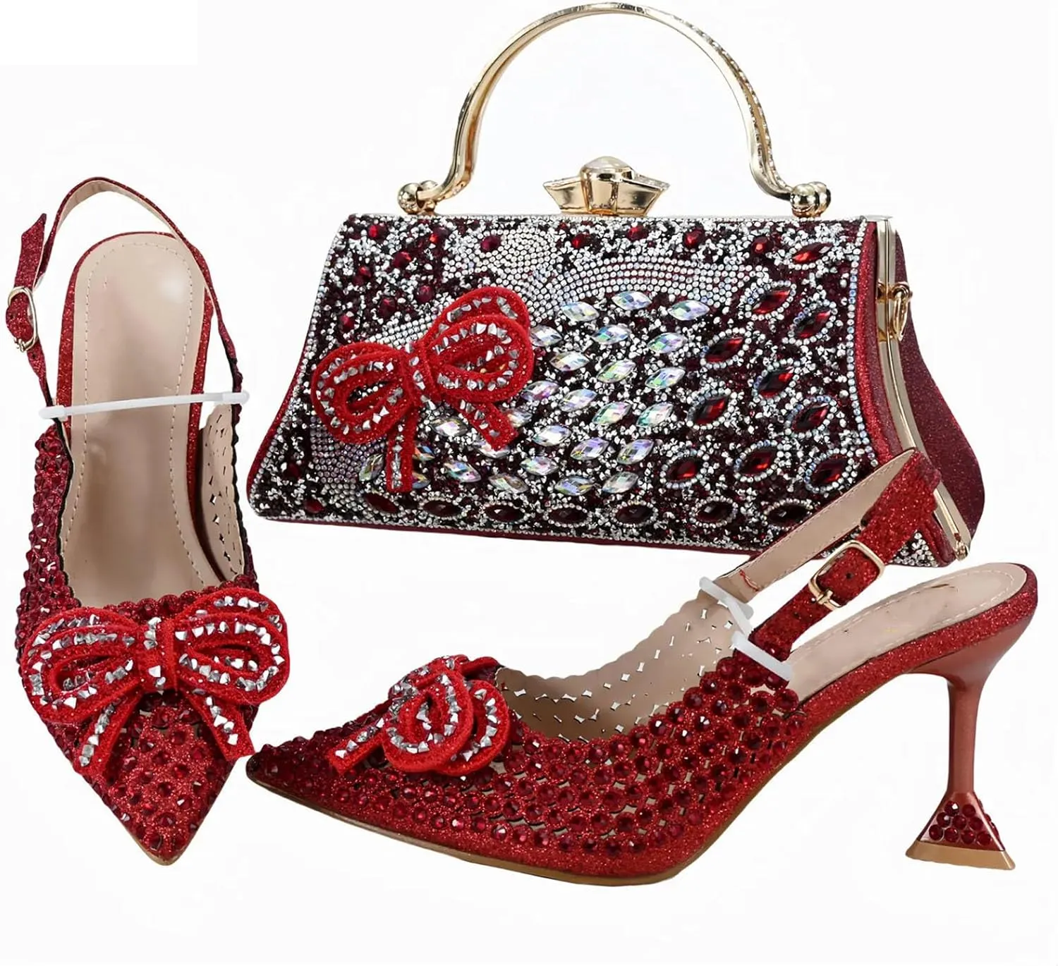 Womens Nigerian Inspired Designer Evening Shoes and Purse Combo Rhinestone Pattern High Heels for Bridal Party
