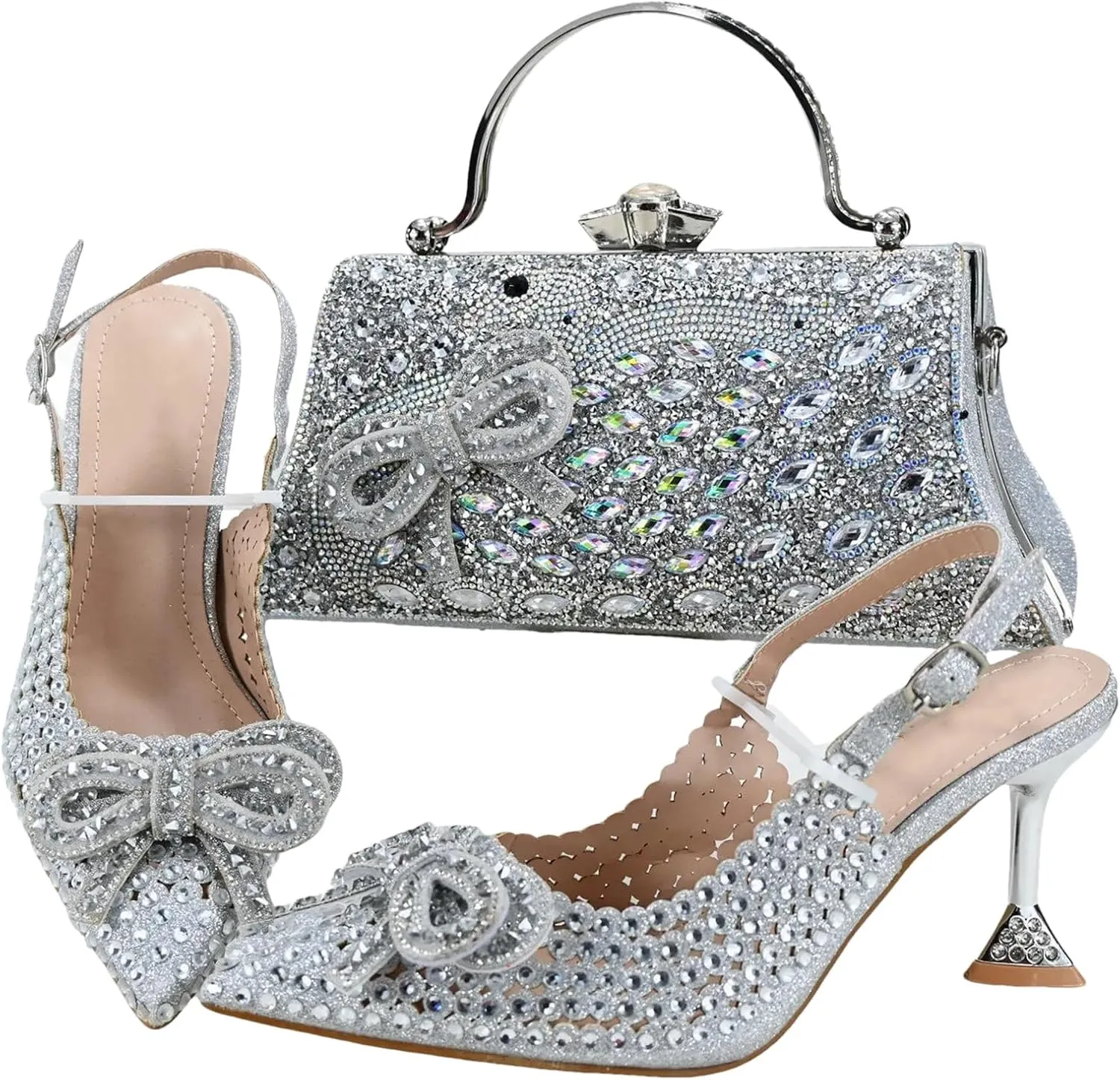 Womens Nigerian Inspired Designer Evening Shoes and Purse Combo Rhinestone Pattern High Heels for Bridal Party
