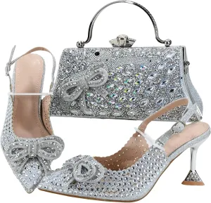 Womens Nigerian Inspired Designer Evening Shoes and Purse Combo Rhinestone Pattern High Heels for Bridal Party