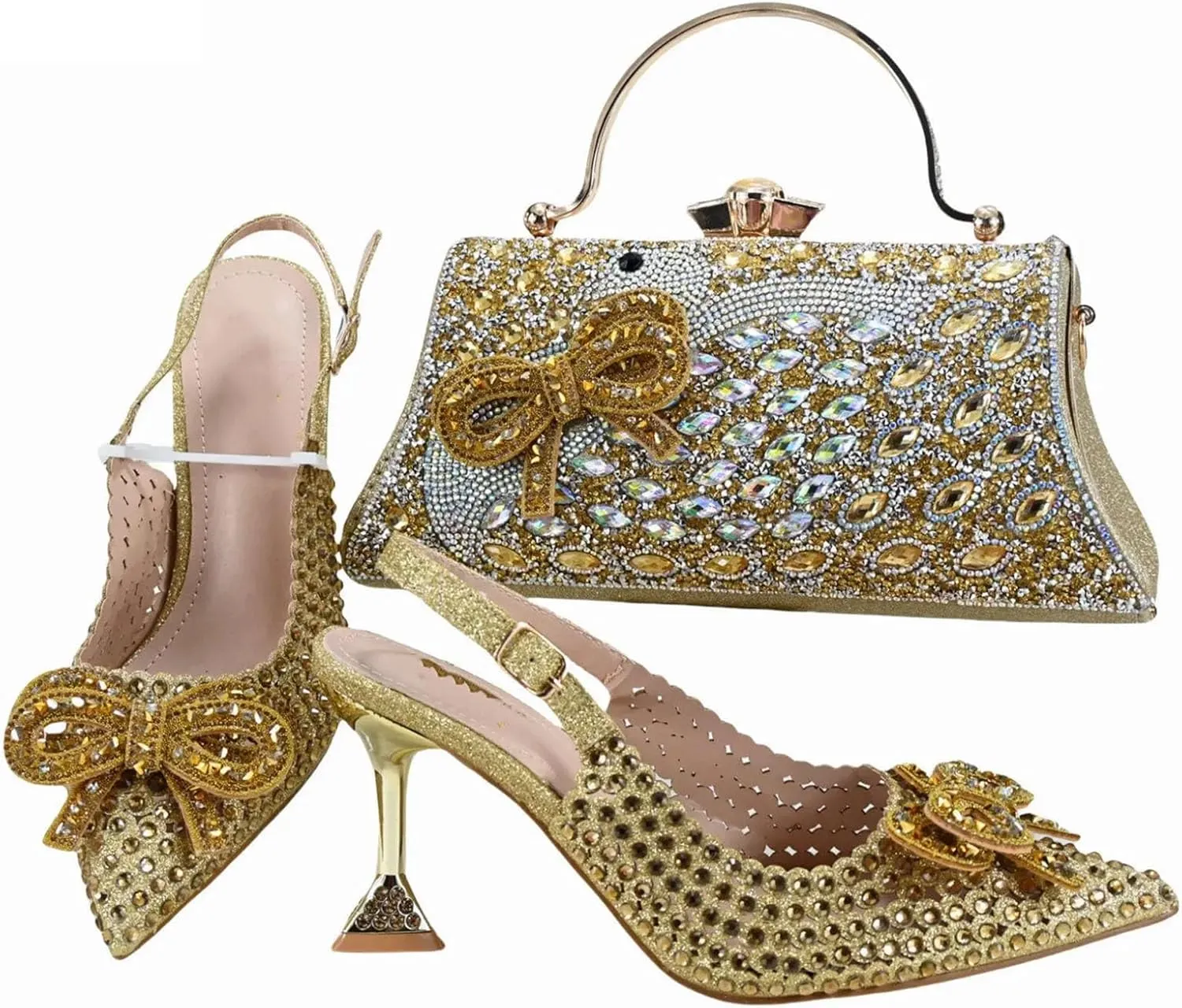 Womens Nigerian Inspired Designer Evening Shoes and Purse Combo Rhinestone Pattern High Heels for Bridal Party