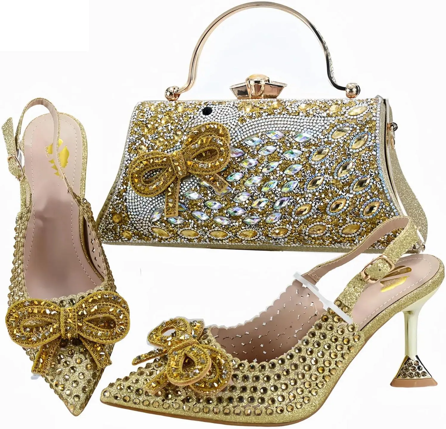 Womens Nigerian Inspired Designer Evening Shoes and Purse Combo Rhinestone Pattern High Heels for Bridal Party