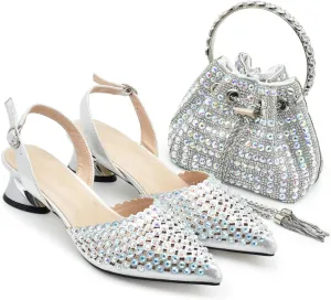 Womens Nigerian Inspired Designer Evening Shoes and Shoulder Bag Combo Rhinestone Accented High Heels for Bride