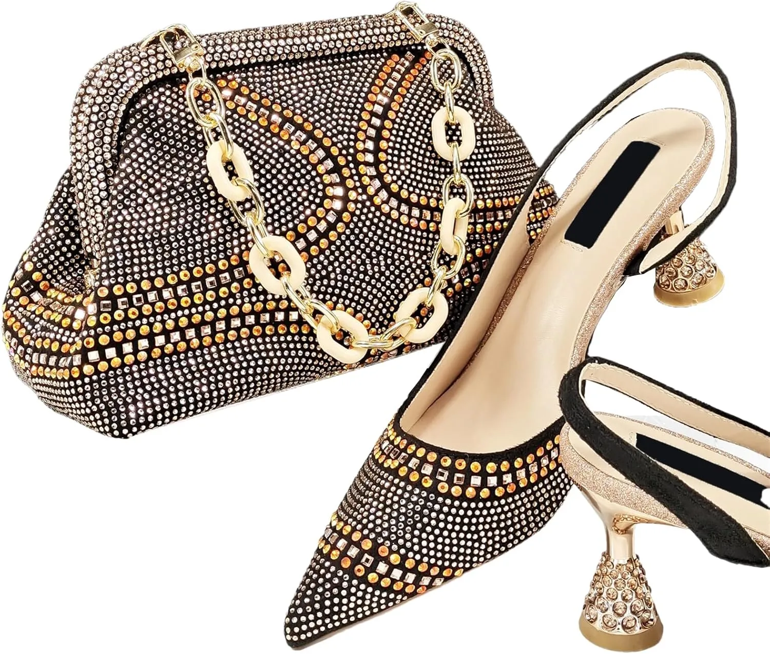 Womens Nigerian Inspired Designer Evening Shoes and Shoulder Bag Set Rhinestone Pattern High Heels for Bridal Party