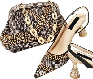Womens Nigerian Inspired Designer Evening Shoes and Shoulder Bag Set Rhinestone Pattern High Heels for Bridal Party